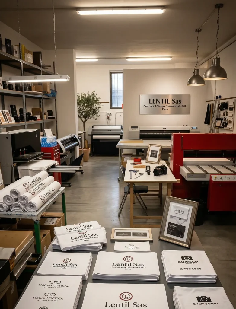 Laboratorio di produzione Lentil Sas a Roma: pile di panni in microfibra personalizzati con logo aziendale in primo piano e macchinari professionali di stampa sullo sfondo
